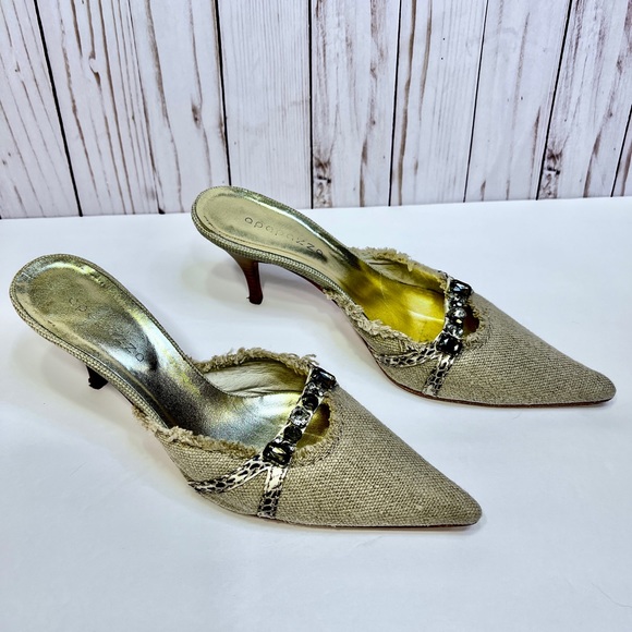 Apepazza Kitten Heel Mules, Linen adorned with snakeskin & crystal details  8.5 - Picture 6 of 12